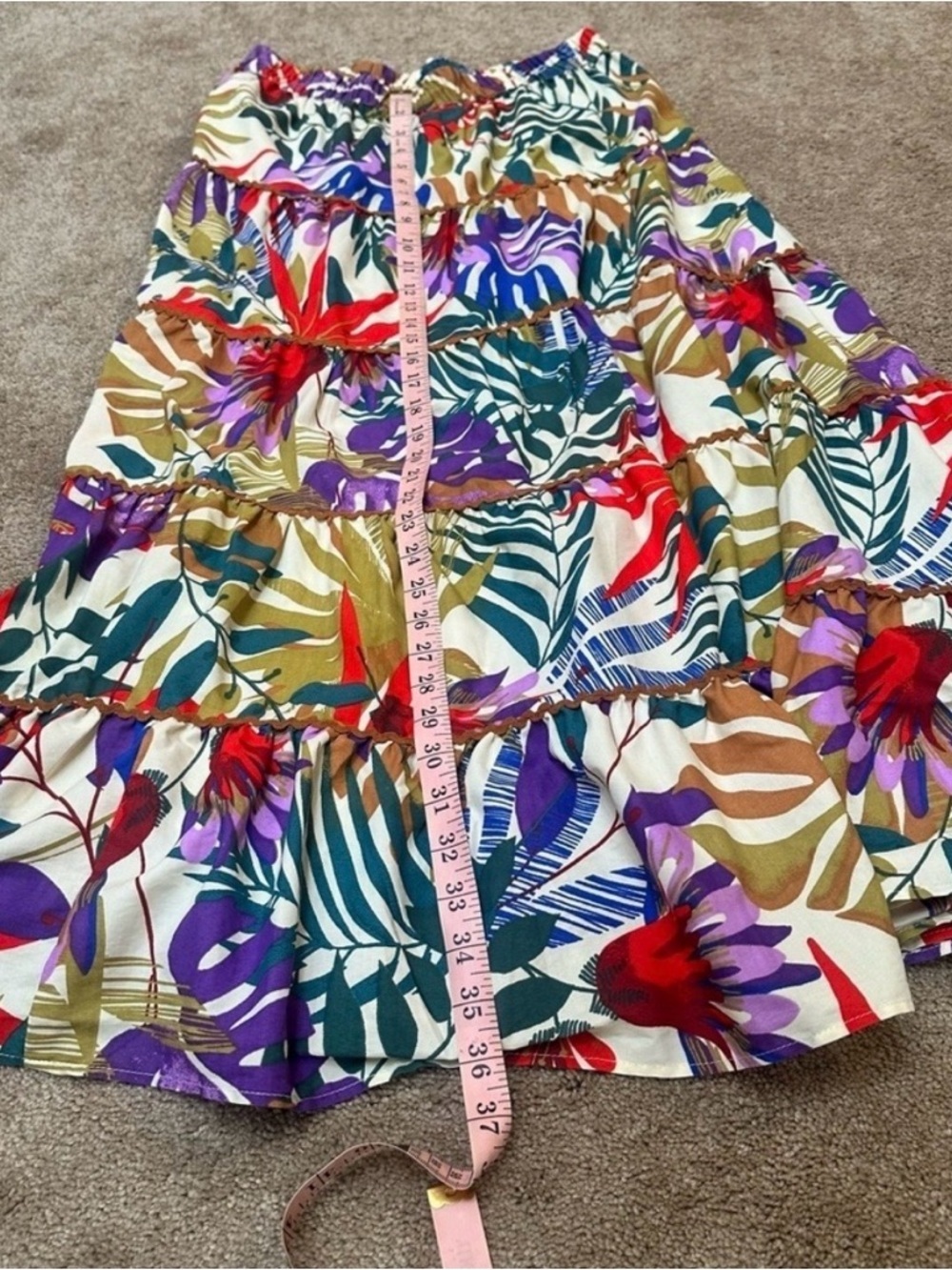 Resortwear Tropical Leaf Tiered Cotton Blend Maxi Skirt Multicolor Beach Sz L - Picture 4 of 6